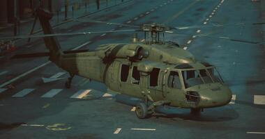 CGI Military helicopter on urban streets during a training exercise at dusk video