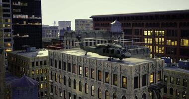 CGI Helicopter landing on rooftop in urban setting during twilight video
