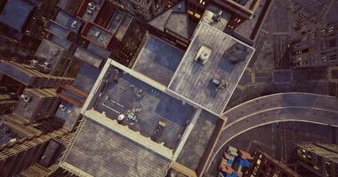 CGI Rooftop view of urban structures with roads and buildings below at midday video