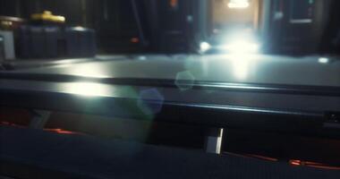 CGI Light beams illuminate a futuristic corridor in a science fiction setting video