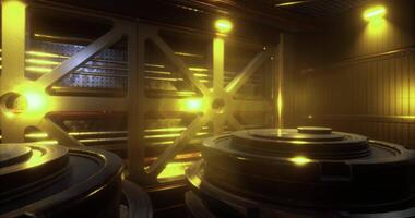 CGI Light beams illuminate a futuristic storage area in a sci fi setting video