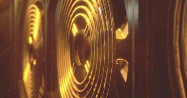 CGI Close up view of illuminated cooling fans in a technology setup at night video