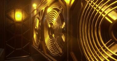 CGI Metallic speakers glow in a dark studio setting with warm lighting video