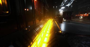 CGI Bright neon lights illuminate a futuristic corridor in a city setting video