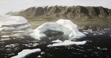 CGI Icebergs floating in tranquil waters near mountainous terrain in Greenland video
