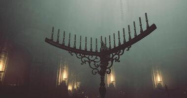 CGI Candelabrum with multiple candles in a dimly lit interior space video