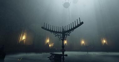CGI Candlelit interior of an ancient hall with mist and gothic architecture video