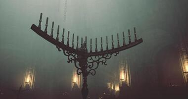 CGI Candelabrum illuminated in a dimly lit historical setting during a ceremony video