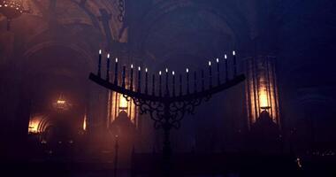 CGI Candlelit atmosphere in an ancient cathedral featuring a large menorah video