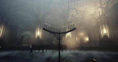 CGI Mysterious candlelit hall with ancient architecture and eerie atmosphere video