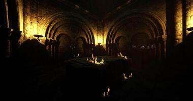 CGI Candles illuminating an ancient stone chamber in a historical setting video