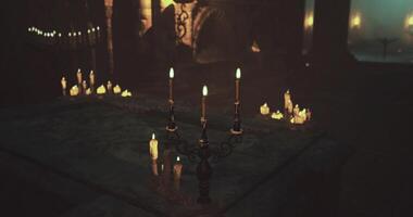 CGI Candlelit ambiance in an ancient stone chamber during a mysterious gathering video