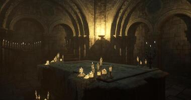 CGI Mysterious stone chamber illuminated by flickering candles in dim light video