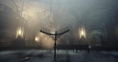CGI Mysterious candlelit chamber with ornate candelabrum at dusk video