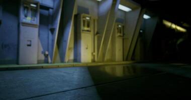 CGI Illuminated corridor with phone booths in a modern building at night video