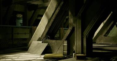 cgi industrieel instelling met hoekig architectuur en afm verlichting in een groot ruimte video