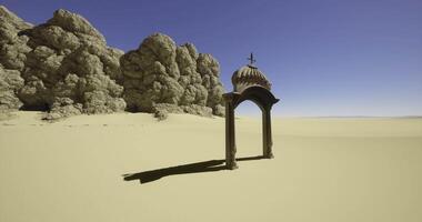 CGI Intricate structure stands alone in vast desert landscape under clear sky video