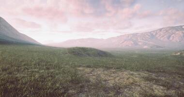 CGI Expansive grassland under a colorful sky at twilight near mountain range video