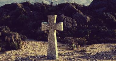 CGI Mysterious stone cross stands in remote desert landscape at dusk video