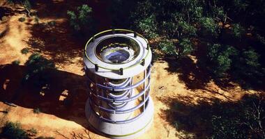 CGI Unique futuristic structure surrounded by trees in natural setting video