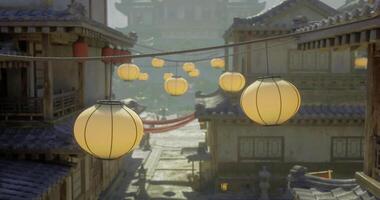 CGI Lanterns illuminate traditional streets in an ancient Japanese town video