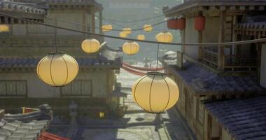 CGI Traditional Japanese lanterns illuminate a serene street at dusk in Japan video