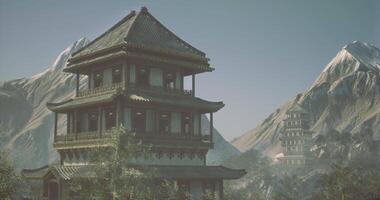 CGI Stunning Japanese architecture set against a mountain backdrop video