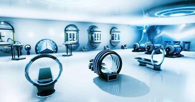 CGI Futuristic fitness studio equipped with advanced exercise machines video