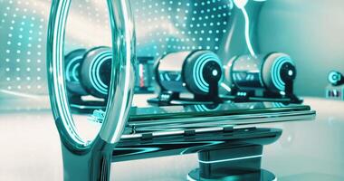 CGI Futuristic workspace with sleek design and glowing technology elements video