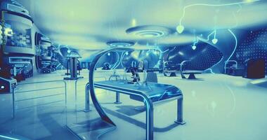 CGI A modern laboratory features sleek surfaces and glowing blue elements video