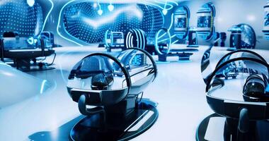 CGI Futuristic workspace filled with advanced technology in a modern setting video