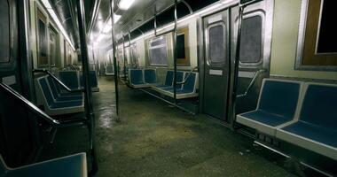 CGI Silent subway car with empty seats and dim lighting in urban environment video