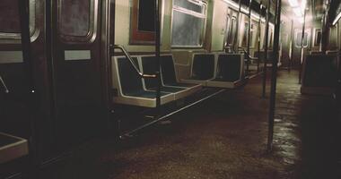 CGI Empty subway train interior with dim lighting and wet floor video