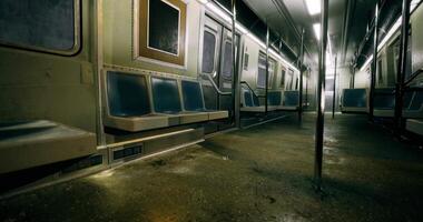 CGI Urban subway interior with empty seats and dim lighting during night video