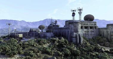 CGI Abandoned military facility surrounded by mountains in remote location video