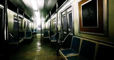 CGI Empty subway train compartment with dim lighting and worn seats video