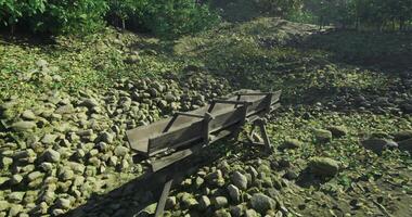 CGI Old cart rests among stones in a serene natural setting during daytime video