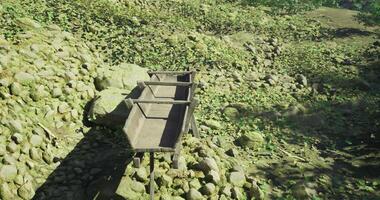 CGI Wooden cart on rocky terrain with greenery during daylight in a natural setting video