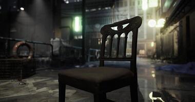 CGI Abandoned chair in a dimly lit urban alley during nighttime exploration video