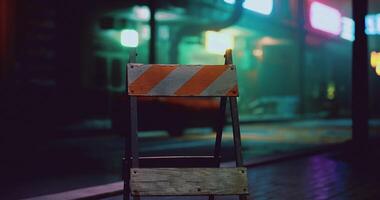 CGI Construction barrier at nighttime on a bustling city street with neon lights video