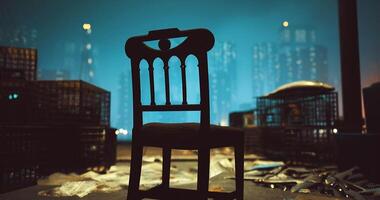 CGI Abandoned chair in urban setting illuminated by blue light video