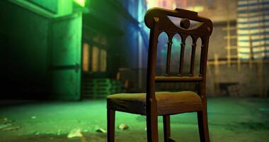 CGI Abandoned chair in an empty warehouse illuminated by green light video