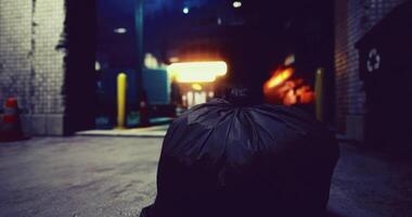 CGI Garbage bag left in urban alley at night with faint glow in background video