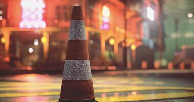 CGI Traffic cone stands prominently in a bustling urban environment at night video