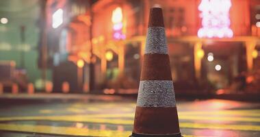 CGI Traffic cone illuminated by neon lights at night in urban setting video
