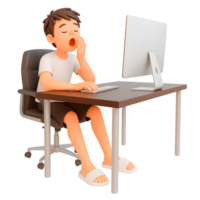3D Rendering Tired Freelancer Cartoon Character Yawning at Computer png
