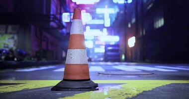 CGI Traffic cone illuminated by neon lights in an urban nighttime setting video