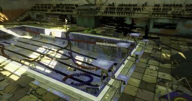CGI Old abandoned pool in a neglected indoor facility with overgrown surroundings video