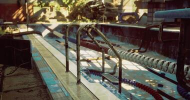 CGI Old pool surrounded by overgrown vegetation and abandoned equipment video