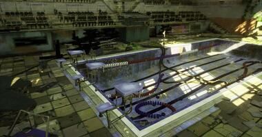CGI Forgotten old pool with deteriorating structures and overgrown surroundings video